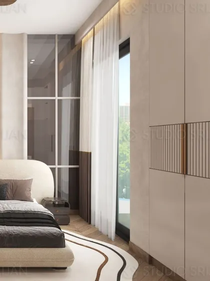 A view of the bedroom's window and wardrobe, showing how different textures and materials are used to create a cohesive and interesting design.