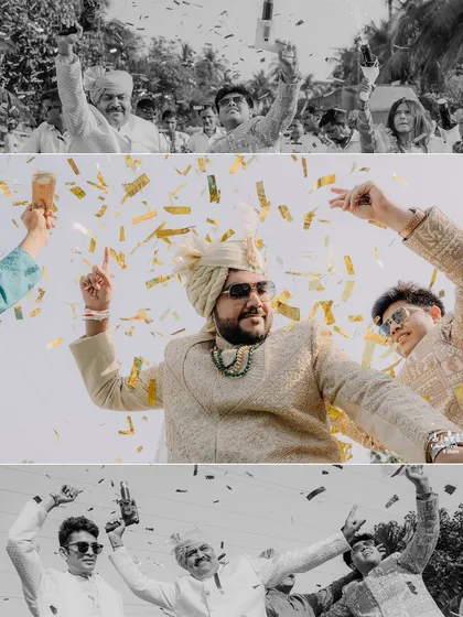 The groom's baraat is a celebration in itself. This collage captures the energy and joy of Harsh's procession, filled with dance, music, and a shower of confetti.