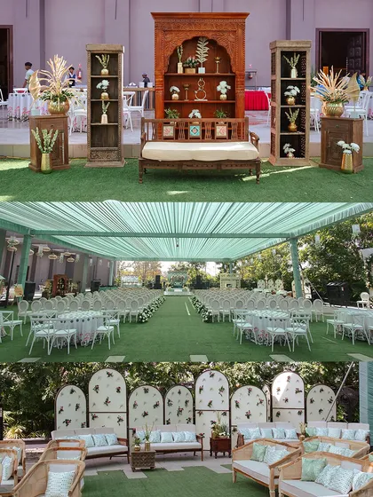 A collage showcasing the variety of setups from a single wedding, from a rustic photo-op area to the elegant guest seating and a separate lounge, demonstrating my ability to manage multiple design aesthetics.