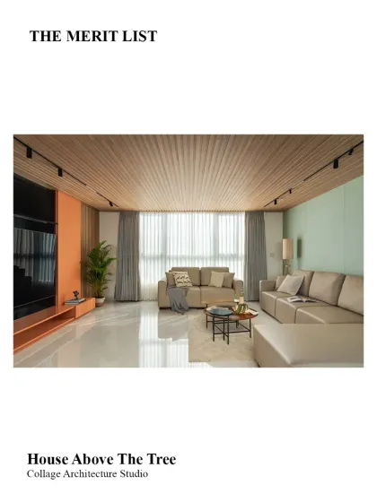 Our project 'House Above The Tree' was also selected for The Merit List. This image shows the serene living room with its warm wood ceiling.