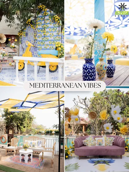 A "Mediterranean Vibes" Haldi theme, with blue and yellow decor, a vintage scooter, and lakeside seating.