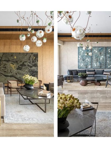 A diptych showing both seating areas in the K Residence living room. This highlights the versatility of the space, which can accommodate both small, intimate gatherings and larger parties, with furniture and art creating distinct but connected zones.