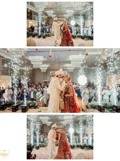 A collage of the Varmala ceremony, showing the exchange of garlands and the couple's first kiss as husband and wife amidst a shower of pyrotechnics.