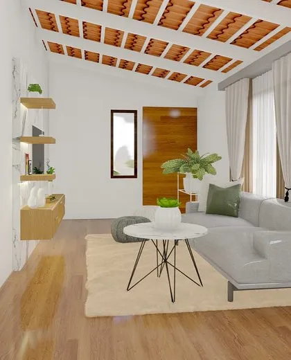This render shows a cozy living room setup with a sloped ceiling, emphasizing natural light and a simple, uncluttered aesthetic.