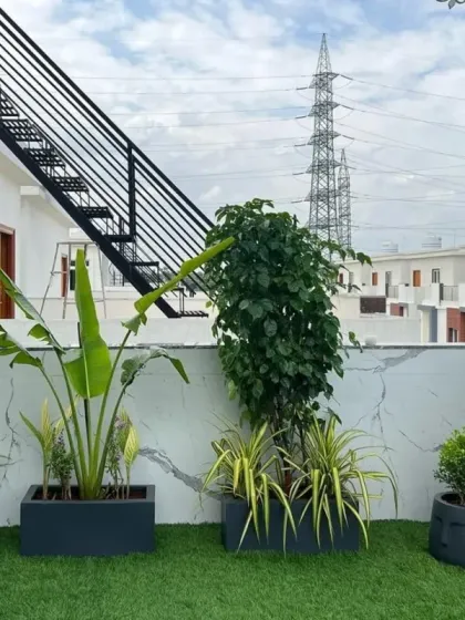A wider view of the terrace project, showing how the arrangement of planters creates a lush boundary without closing off the space. This design balances greenery with open areas, making it feel like a true garden in the sky.
