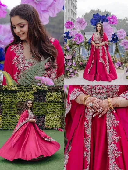 A collage of a bride-to-be at her whimsical Roka, showcasing her vibrant outfit and the beautiful floral decor.