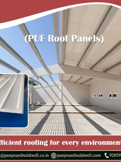 We manufacture premium quality PUF (Polyurethane Foam) roof panels that provide superior thermal insulation and durability. This image shows the clean, efficient roofing solution that contributes to energy savings and a controlled internal environment for any building.