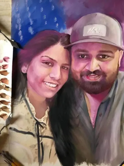 A casual and modern couple's selfie turned into a beautiful oil painting. This shows how even a simple phone picture can become a piece of art.