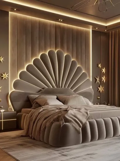 An opulent bedroom design featuring a grand, shell-shaped headboard, plush bedding, and an array of star-shaped lights creating a magical, celestial ambiance.