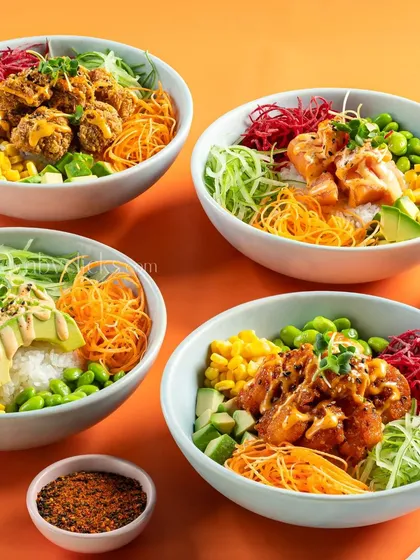 A variety of fresh and colorful poke bowls from Harajuku Tokyo Cafe.