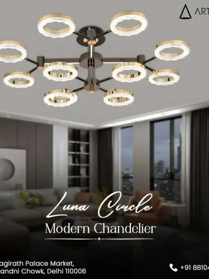 The Luna Circle chandelier offers sleek, minimalist luxury. Its design of multiple illuminated rings provides balanced, modern lighting, perfect for contemporary living rooms and dining areas.