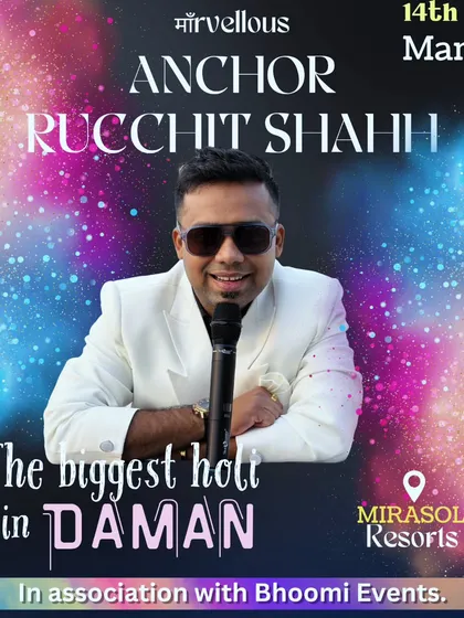 Poster for the biggest Holi event in Daman. I am trusted by organizers to handle large-scale festive crowds and deliver a power-packed show.