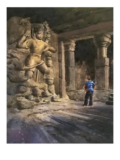 This watercolour depicts a visitor admiring the ancient carvings at Elephanta Caves. It explores the relationship between people and historical art.