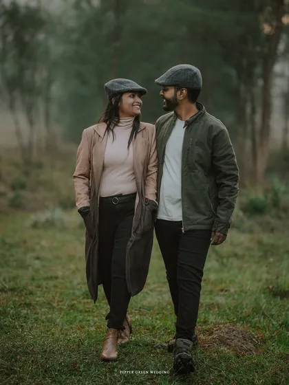 A walk through a misty forest, this shot from their vintage pre-wedding session has a moody, romantic, and cinematic quality.