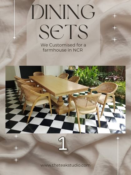 A full view of the custom dining set I created for a farmhouse in NCR. The natural finish of the teak wood and the light-colored upholstery create a breezy, relaxed atmosphere.