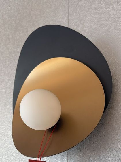 A modern, abstract wall light with layered, pebble-shaped plates and a single globe. This fixture is a piece of sculptural art for your wall.