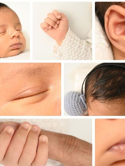A close-up collection of a newborn's features. From sleepy eyes to tiny fists, this collage is a beautiful way to remember every perfect detail.