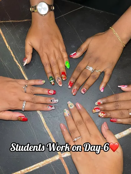 I am so proud to show off the incredible work of our students from the 6-day nail technician course. This image displays the variety of intricate and colorful designs they mastered by the final day.