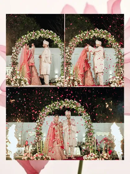 A collage of the Varmala ceremony, from the exchange of garlands to the celebratory pyrotechnics. We document the entire sequence to tell the full story of this key ritual for Juhi and Saurabh.