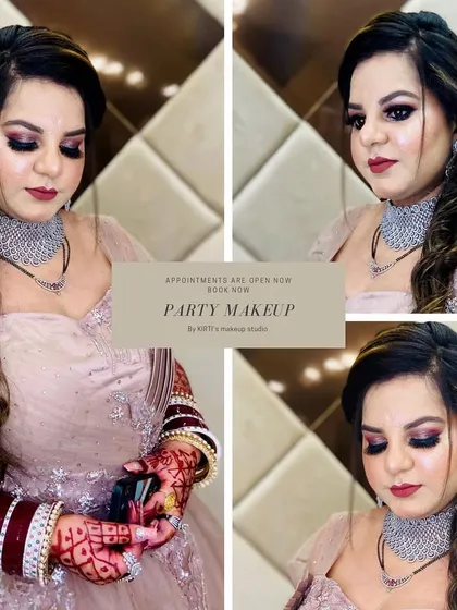 This collage showcases a soft and elegant party makeup look. The client's makeup features a subtle smokey eye and a nude pink lip, paired with a romantic braided hairstyle.