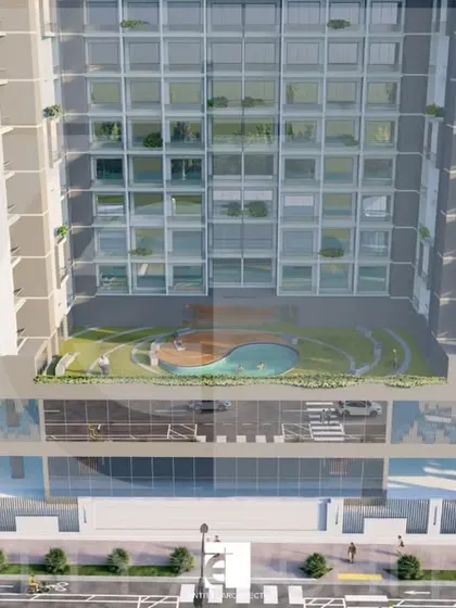 This image showcases our capability in designing large-scale community spaces. Pictured is the podium level of a residential tower, which we transformed into a shared garden with amenities. Our work here includes the green facade design that wraps around the building, promoting a healthier living environment.