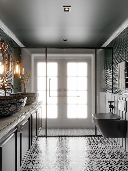 A full view of the long retro bathroom, showcasing the dramatic color and pattern combination.