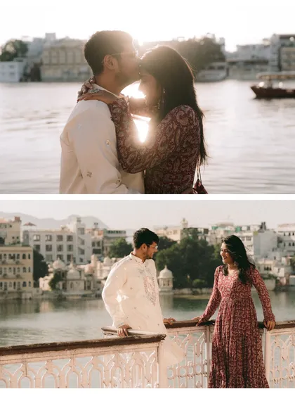 A collage showcasing the romance of Udaipur. The top frame captures a tender kiss against the sunlit lake, while the bottom shows a candid interaction, reflecting both the intimate and playful sides of the couple's relationship.
