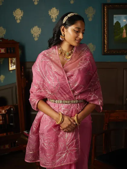 A detailed shot of the jewelry and delicate fabric from the Label by Shalini Bhagat campaign. I pay close attention to how accessories complement the outfit without overpowering it.