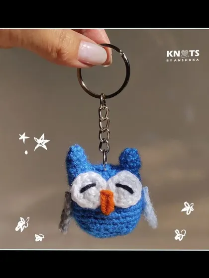 Whooo's this sleepy guy? A cute crochet owl keychain with drowsy eyes, ready to keep watch over your keys.
