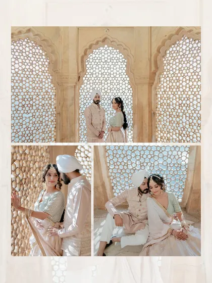 A collection of intimate moments from Gurpreet and Ashpreet's shoot, using the jali windows at Amer Fort for beautiful light and shadow effects.