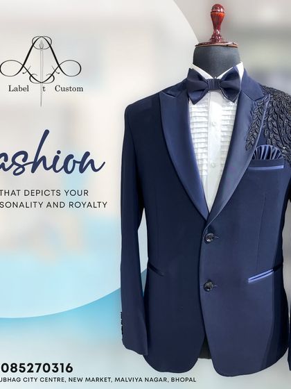 This graphic highlights a navy tuxedo with shoulder detailing, embodying fashion that reflects personality and royalty. It's a perfect representation of my design philosophy for custom evening wear.