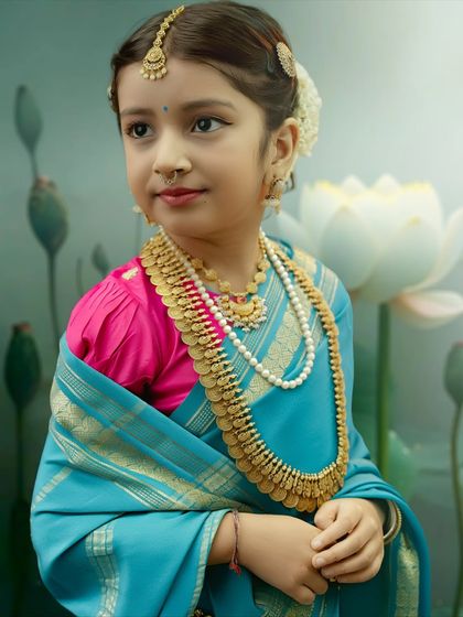 An older girl dressed in a stunning blue saree with traditional gold jewelry, looking graceful and elegant.