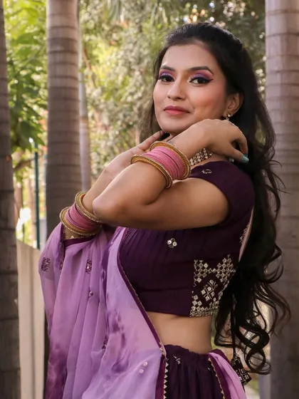 A happy and confident pose. The makeup is designed to be comfortable to wear and long-lasting for any event.