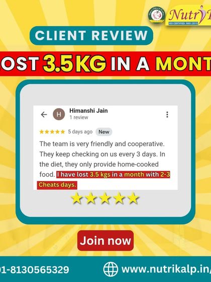 This client lost 3.5 kgs in a month by following our home-cooked food diet, which also includes cheat days. The review praises our friendly and cooperative team.