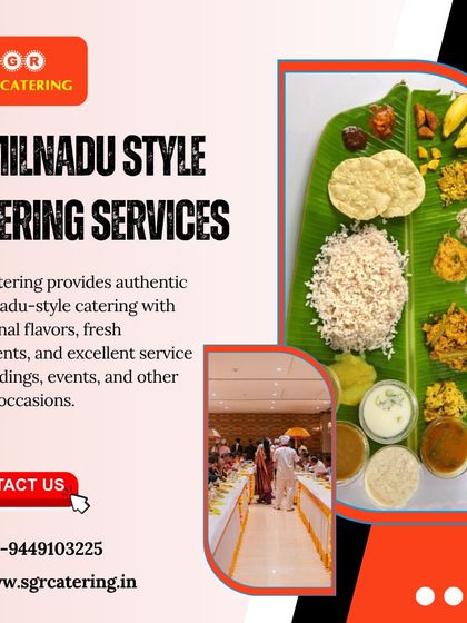 Our authentic Tamil Nadu style catering includes traditional flavors and fresh ingredients. This collage shows a wedding hall service and a close-up of a banana leaf meal, connecting our food to your grand celebrations.