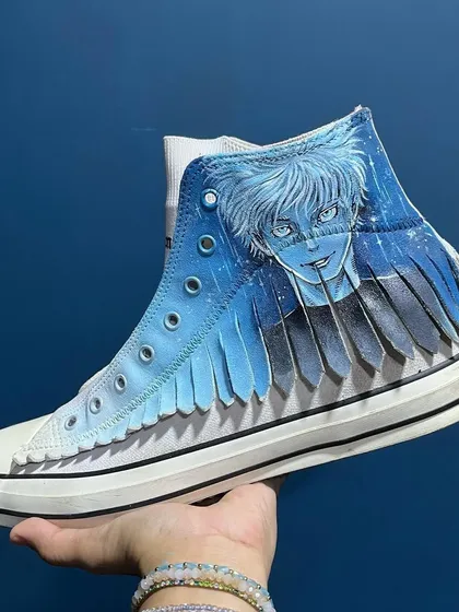Satoru Gojo from Jujutsu Kaisen, brought to life on these custom Palm Angels high-tops. The blue tones and feathered canvas effect make this a standout piece of anime sneaker art.