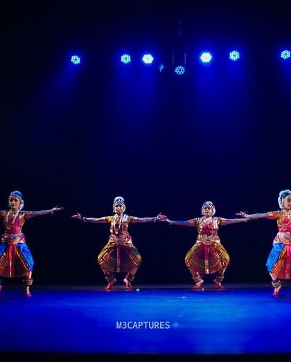 A group of our young dancers holding a synchronized pose, their arms creating a beautiful pattern. This demonstrates their excellent teamwork and coordination.