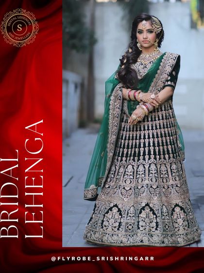 Rent our bridal wear and slay on your special occasion. This dark green velvet lehenga with heavy silver embroidery is a unique and regal option for a bride.
