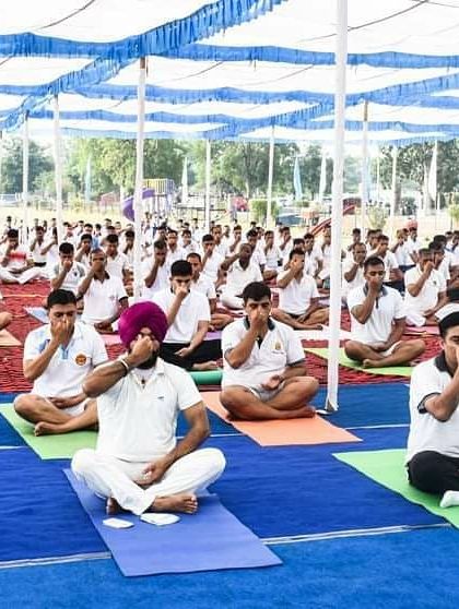 A large-scale Pranayama session with the Indian Air Force personnel in Agra. These simple breathing techniques are powerful for managing stress and enhancing clarity.