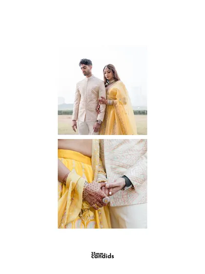 A diptych showing a full portrait and a close-up of the couple holding hands. This style allows me to focus on both the overall picture and the small, intimate details that define a relationship.