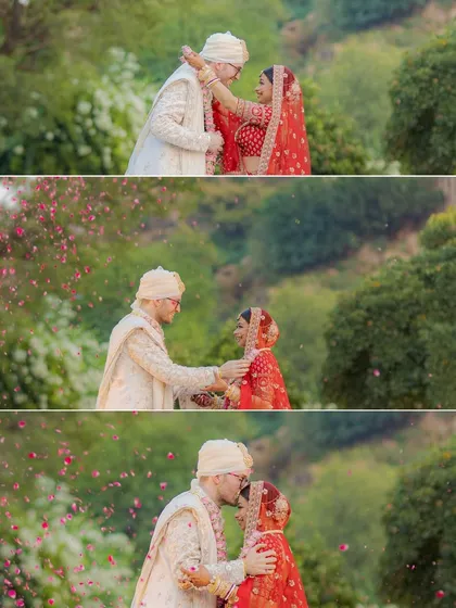 A collage of the Varmala ceremony. This sequence captures the playful and loving exchange of garlands, a key ritual in an Indian wedding.