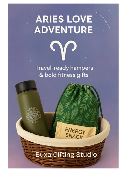 A zodiac-themed gift idea for an adventurous Aries, with a travel-ready hamper and bold fitness gifts.