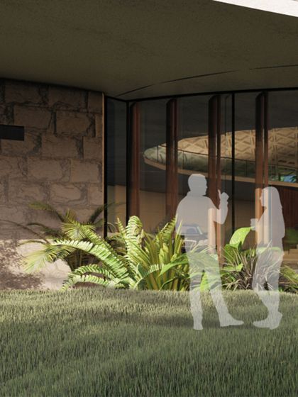 Another perspective of our office concept, showing how people might interact with the space. The design blends natural stone walls with large glass windows, creating a seamless connection between the indoors and outdoors.