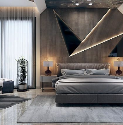 A bedroom with a bold, geometric, wooden accent wall behind the bed, creating a dynamic and modern focal point.