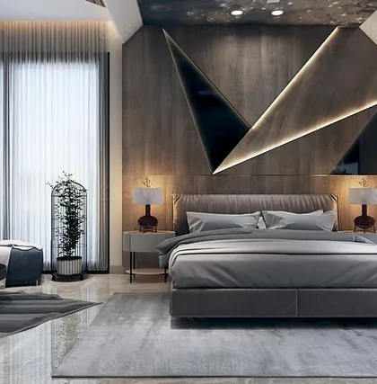 A bedroom with a bold, geometric, wooden accent wall behind the bed, creating a dynamic and modern focal point.