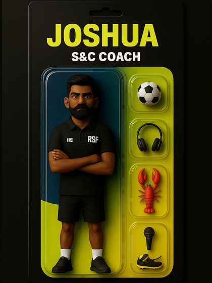 The starter pack for S&C Coach Joshua. Complete with a football, headphones, and a lobster (an inside joke!), this action figure captures his personality and dedication to making India stronger.