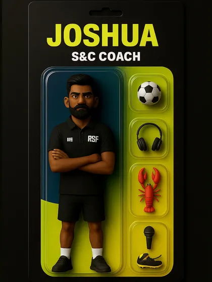 The action figure for Coach Joshua, featuring a football, headphones, and a microphone. This creative graphic celebrates our coaches as the real heroes behind our athletes' success.