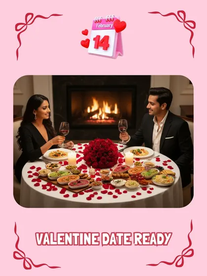 Setting the scene for a perfect Valentine's date night at home. A beautifully arranged table with a multi-cuisine spread, wine, and candlelight creates an unforgettable romantic experience without you having to step into the kitchen.