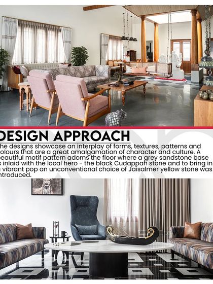 Our design approach for Prangan involved a rich interplay of textures, patterns, and colors, using local stones like Kadappa and Jaisalmer to create a vibrant yet cultured home.