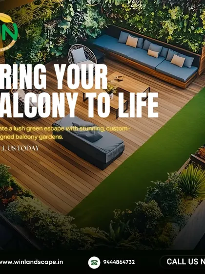 I can transform your balcony into a private green oasis. This design combines a lush vertical garden, comfortable built-in seating with wooden decking, and a soft artificial lawn, creating a complete outdoor living room.